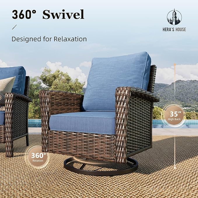 HERA'S HOUSE Wicker Patio Furniture Set, High Back Swivel Chairs with 5.5-Inch Thick Cushions, 6-Piece Outdoor Deep Seating Conversation Sets with Fire Pit Table & Ottomans for Deck Yard Garden, Blue