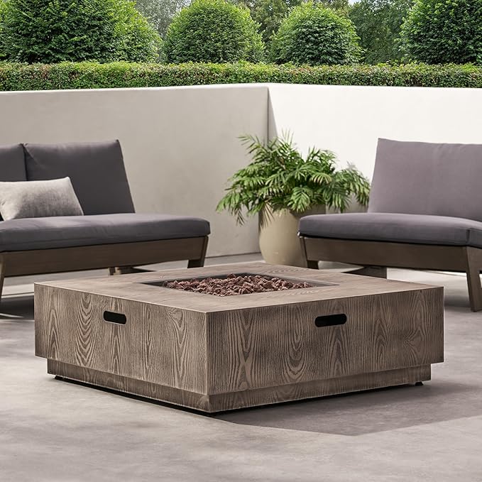 Propane Fire Pit Table, 39" Iron Firepits for Outside, Square Gas Fire Pit for Outside Patio, Propane Fire Table for Deck, Pool, 50,000BTU, Tank Outside, Tank Not Included, Wood