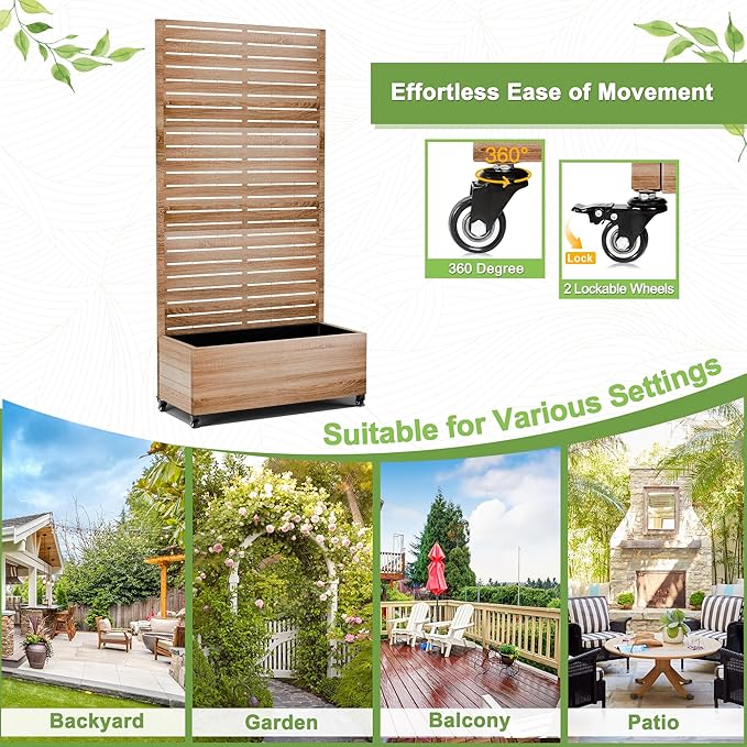 FENCY Metal Raised Garden Bed with Wheels and Trellis,73"x35"x16" Planter Box for Climbing Plants, Vegetables & Vines, Features Privacy Screen and Drainage Holes (Natural Wood Color)