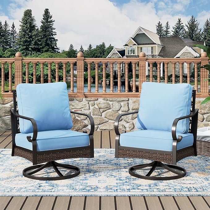 Outdoor Patio Swivel Sofa Chairs Set of 2 Steel Frame Porch Furniture with Deep Seating and 5.75" Cushions for Lawn Backyard Deck, Blue