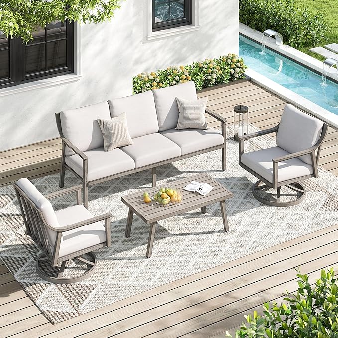 Patio Conversation Sets 4 Pieces - Aluminum 3 Seater Sofa Outdoor Furniture Sets with Thick Cushion, Coffee Table and Swivel Chairs Set of 2, Rustproof and Waterproof for Porch Deck Yard, Grey