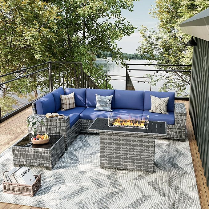 UDPATIO Patio Furniture Set with Fire Pit Table, 8 Inch Armrest Patio Sectional Sofa, 7 Piece Wicker Outdoor Furniture Conversation Set with Waterproof Cover for Backyard Deck(Grey/Navy)