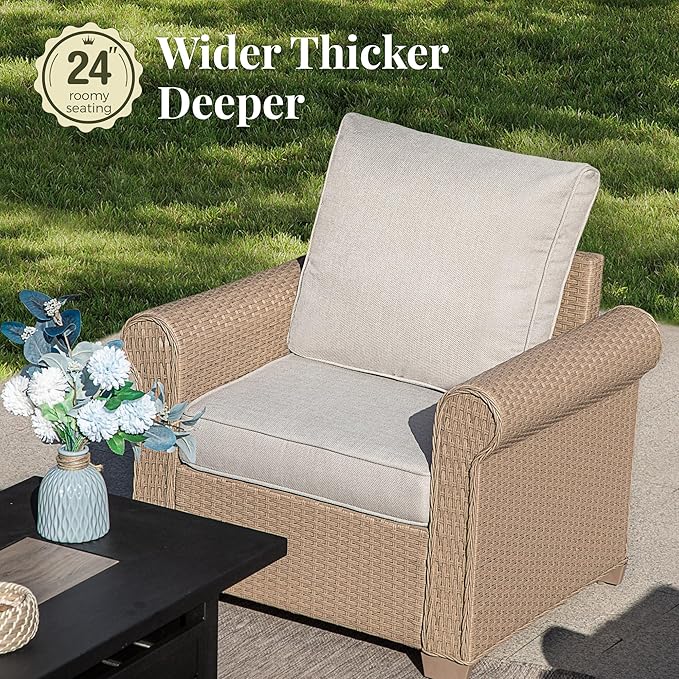 Patio Furniture Set 4 pcs, Wicker Outdoor Patio Furniture, 3-Seat Sofa, 2 Single Chairs and Coffee Table, Rattan Patio Conversation Set for Backyard Deck, Beige