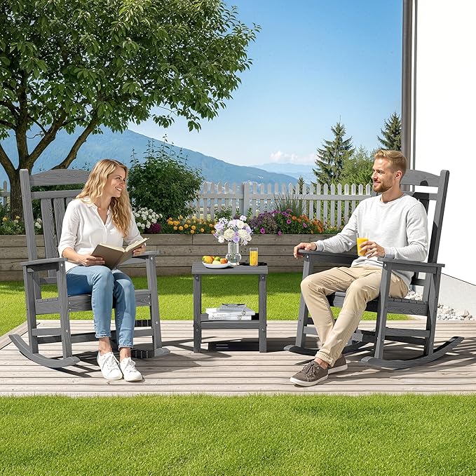 SERWALL Outdoor Rocking Chair Set of 2, HDPE Patio Rocking Chair, All-Weather Porch Rocker for Balcony, Yard, Gray