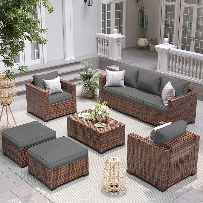 UDPATIO 6 Piece Patio Furniture Set 7 Seats Wicker Outdoor Furniture Set, Thick Cushions Patio Couch Chair with Ottoman & Storage Table for Porch, Balcony