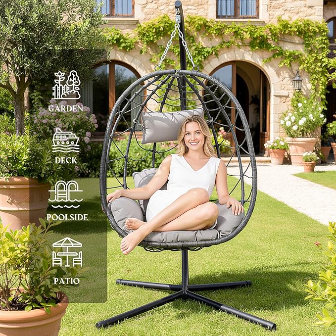Hanging Egg Chair with Stand Egg Chair Indoor Outdoor, Patio Swing Hammock Egg Chairs, UV Resistant Removable & Washable Thicken Padded Cushions, 350LBS Capacity for Bedroom, Balcony, Garden