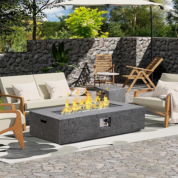 NAGA HABNA 48 Inch Propane Fire Pit Table, Outdoor Rectangle Fire Table w Tank Table (50,000 BTU), 2 Piece Slate Gas Fire Pit in Dark Grey w White Fire Glass for Garden, Pool, Backyard