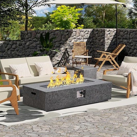 NAGA HABNA 48 Inch Propane Fire Pit Table, Outdoor Rectangle Fire Table w Tank Table (50,000 BTU), 2 Piece Slate Gas Fire Pit in Dark Grey w White Fire Glass for Garden, Pool, Backyard
