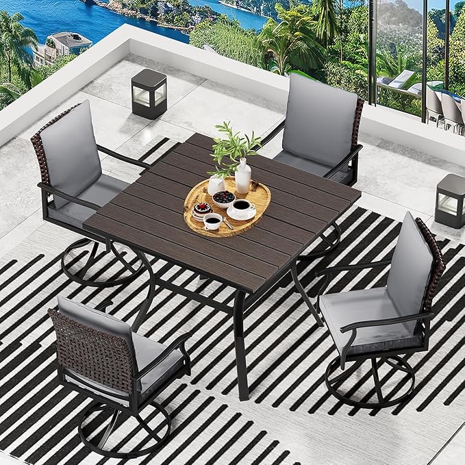 LEVELEVE 5 Piece Outdoor Patio Dining Set with 4 Swivel Dining Chairs & 1 Large Square Dining Table,Bistro Furniture Set for Lawn, Garden, Deck, Backyard and Porch