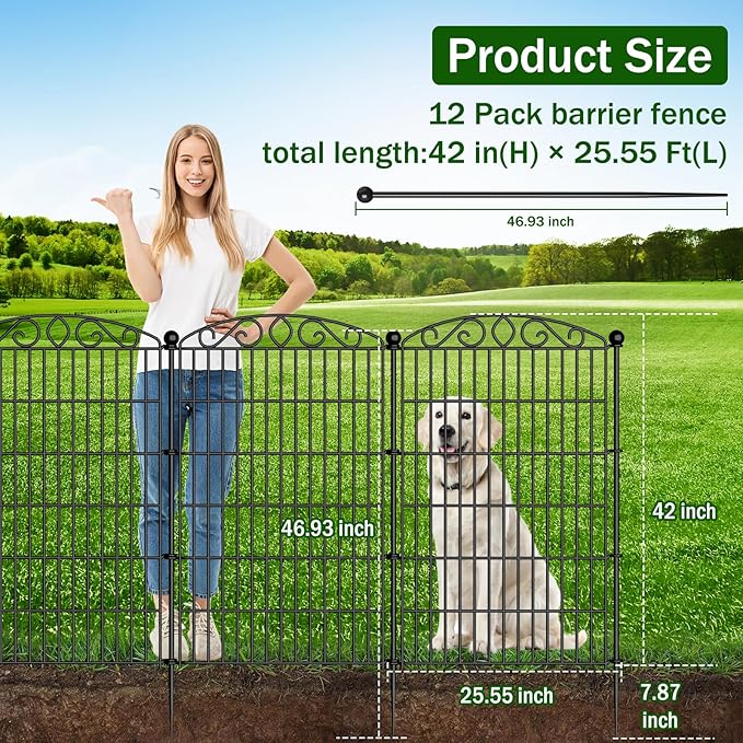 12 Panel No Dig Decorative Garden Fence - 42in H x 25.55ft L, Tall Animal Barrier for Dogs Rabbits, Rustproof Metal Wire Panels for Yard, Patio, and Outdoor Border Use