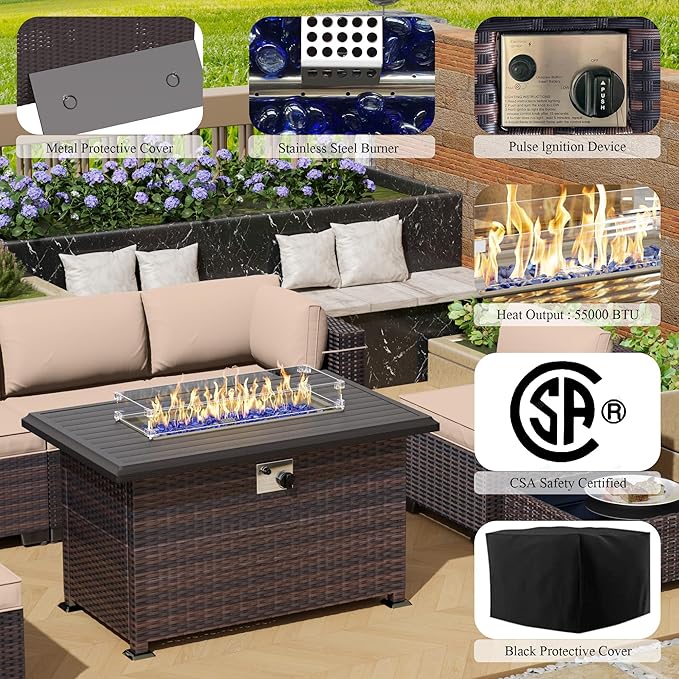 Outdoor Patio Furniture Set with Propane Fire Pit Table, 15 Pieces Outdoor Furniture Patio Sectional Sofa Conversation Set w/ETL Approved 43" Gas Outdoor Fire Table & Coffee Table(Brown).