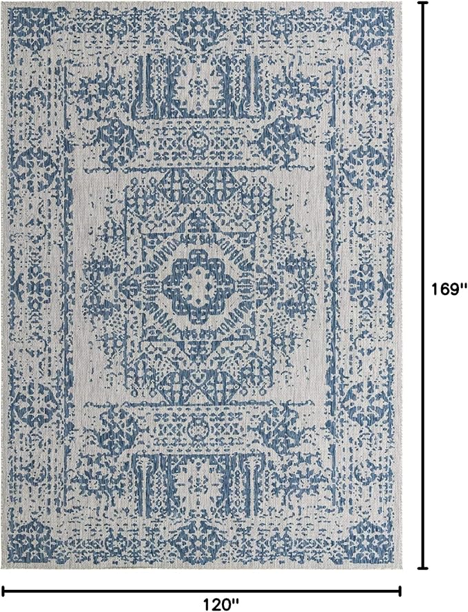 Unique Loom Outdoor Traditional Collection Area Rug - Timeworn (10' x 14' 1" Rectangle, Blue/ Gray)