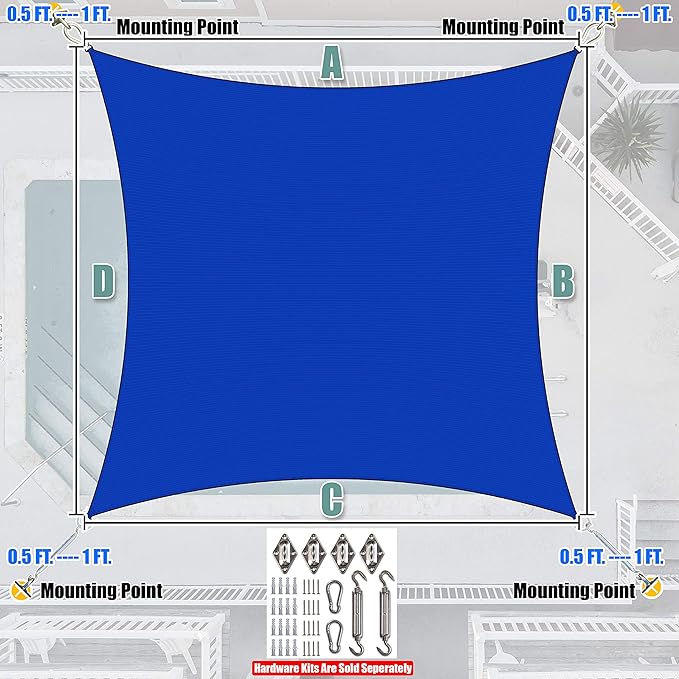 Amgo Custom Size 18' x 18' Blue Rectangle Square Sun Shade Sail UPF50+ AGTAPR1620, Order to Make Canopy Awning, 95% UV Blockage, Water & Air Permeable, Commercial and Residential (We Customize)
