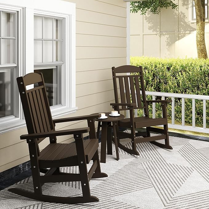 Outdoor Rocking Chairs Set of 4, Oversized High Back Patio Rocking Chairs, All Weather Porch Rocking Chairs for Outside. Coffee