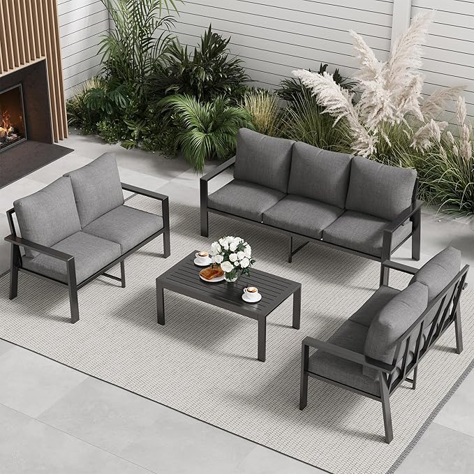 Aluminum Patio Furniture Set with Cushions 4-Piece Outdoor Sectional Metal Conversation Sofa Set with Coffee Table for Garden,Lawn,Backyard,Deck