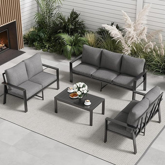 Aluminum Patio Furniture Set with Cushions 4-Piece Outdoor Sectional Metal Conversation Sofa Set with Coffee Table for Garden,Lawn,Backyard,Deck