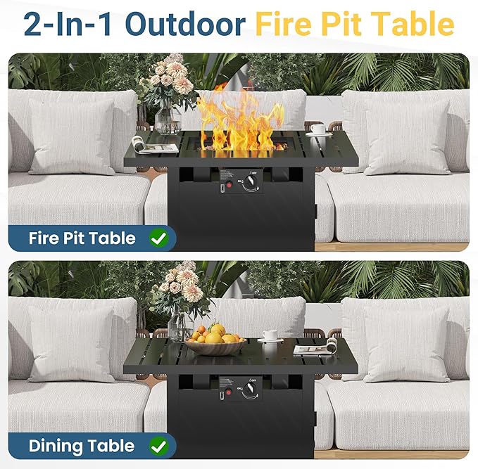 30'' Propane Fire Pit Table, 50000 BTU Gas Fire Pits Table with Removable Lid and Lava Rock, Square Fire Table with Cover, Ideal for Dining or Party on Patio, Garden, Yard, Black