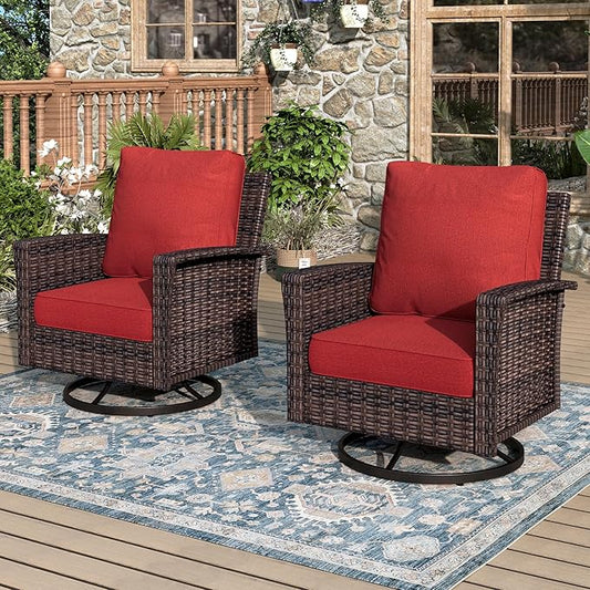 Swivel Patio Wicker Chairs Set of 2, High Back Outdoor Swivel Patio Rattan Chairs with 5.5" Thick Cushions for Bistro Balcony Porch Deck and Yard, Red