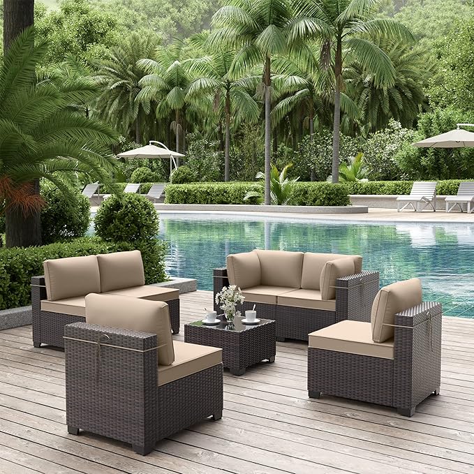 ALAULM Patio Furniture Set with Coffee Table, 7 Pieces Outdoor Sectional with Wide Seat and Thick Cushion, All Weather Wicker Rattan Conversation Set for Backyard, Garden, Deck, Sand