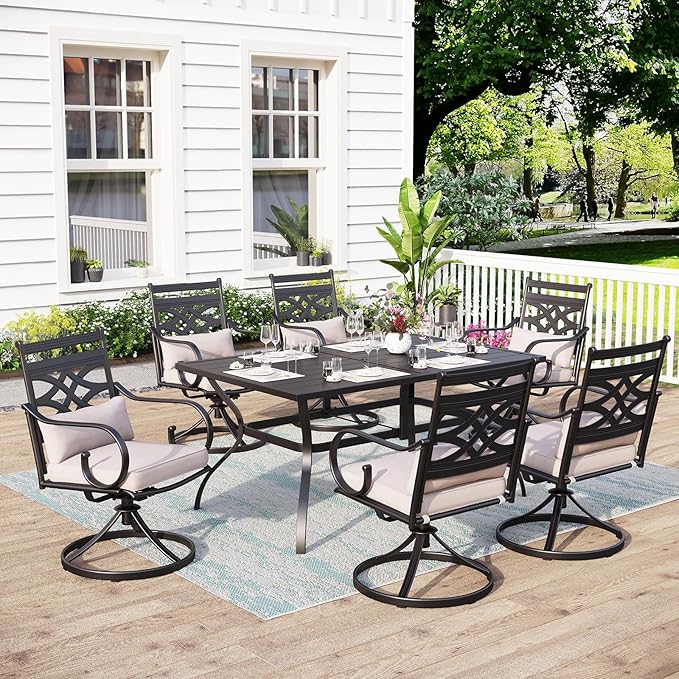 MFSTUDIO Patio Table and Chairs Set of 6, Patio Dining Sets with Swivel Chairs, 7 Piece Outdoor Dining Set with Umbrella Hole, Outdoor Patio Furniture Set for Deck Backyard Garden