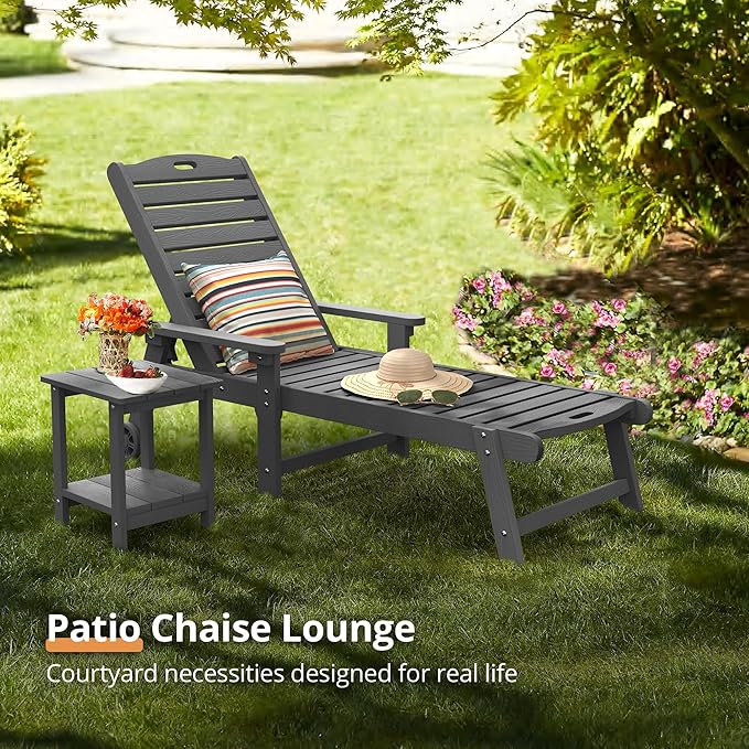 LUE BONA Outdoor Chaise Lounge Chairs Set of 4, HDPS Chaise Lounger, 5 Positions Adjustable Lounge Chairs, Pool Lounge Chair with Wheels for Poolside, 3 Year Warranty, Dark Gray