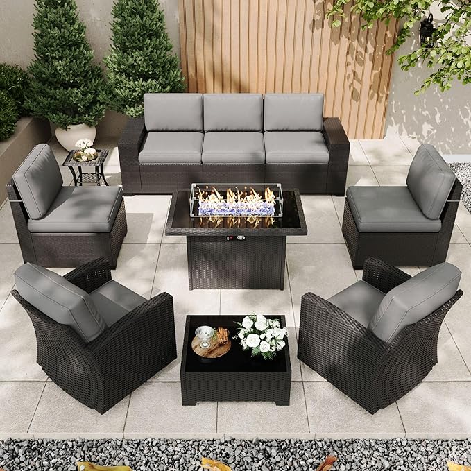 Patio Furniture Set with Fire Pit Table, 10 Pieces Outdoor All-Weather Wicker Conversation Sectional Chair Sofa Set with 2 Swivel Chairs