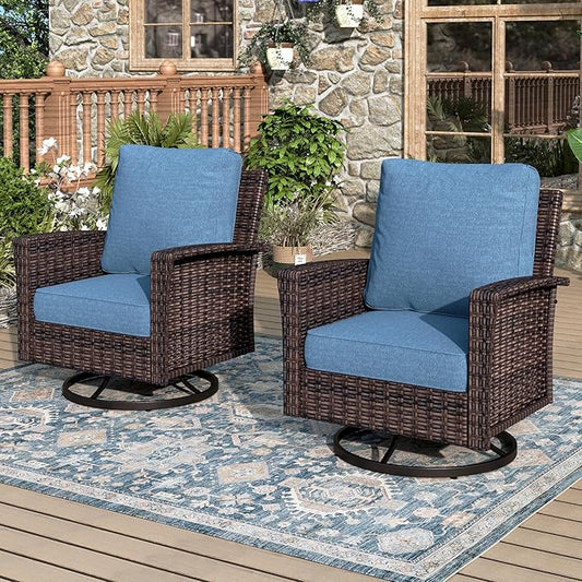 Swivel Patio Wicker Chairs Set of 2, High Back Outdoor Swivel Patio Rattan Chairs with 5.5" Thick Cushions for Bistro Balcony Porch Deck and Yard, Navy Blue