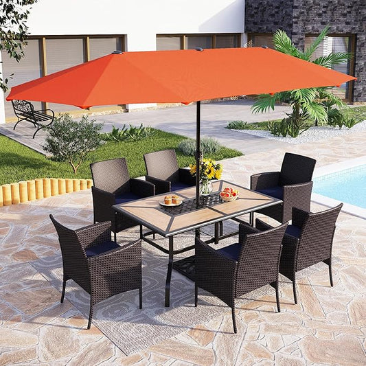 PHI VILLA 7 Piece Outdoor Dining Set with Umbrella, Rectangular Wood Top Metal Dining Table & Cushioned Wicker Chairs & 13ft Large Red Umbrella for Patio, Deck, Yard