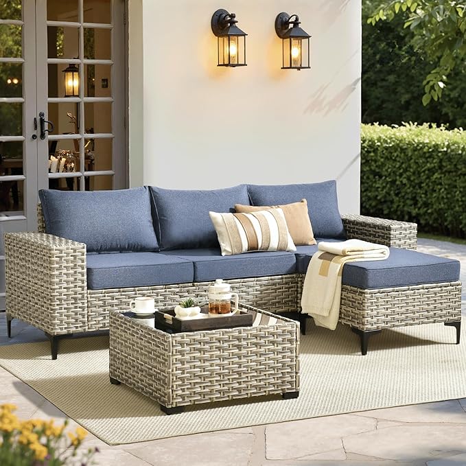 ovios 5 Pieces Patio Furniture Set Outdoor Sectional Sofa Couch with Deep Seat Chaise Comfy Cushions, Modern Modular Wicker Rattan Conversation Set Porch Deck Garden, Denim Blue