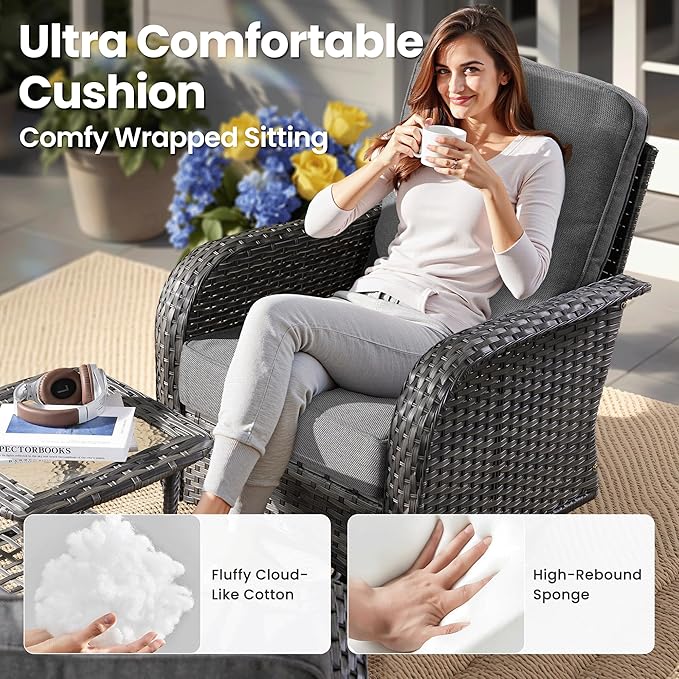 ovios 8 Pieces Patio Furniture Set, Outdoor Wicker Sofa Couch with Rocking Swivel Chairs Solar Lights Table, Modern Deep Seat Rattan Conversation Sets for Porch Deck, Dark Grey