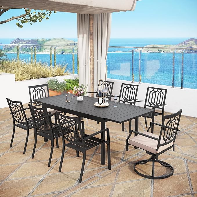 MFSTUDIO Patio Table and Chairs Set, Patio Dining Set for 8 with Expandable Table, 9 Piece Metal Outdoor Dining Set, Outdoor Patio Furniture Set for Deck Backyard Poolside Garden