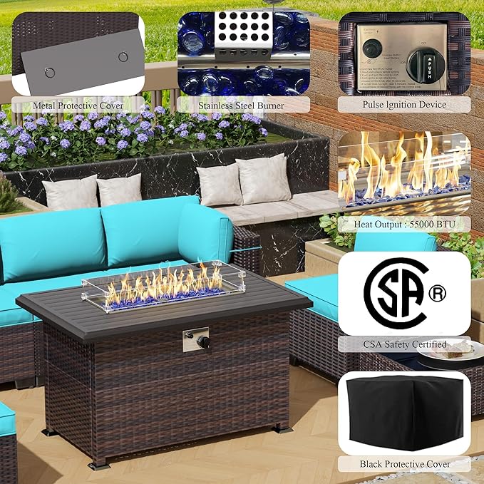 Outdoor Patio Furniture Set with Propane Fire Pit Table, 15 Pieces Outdoor Furniture Patio Sectional Sofa Conversation Sets w/ETL Approved Gas Outdoor Fire Table & Coffee Table(Blue)