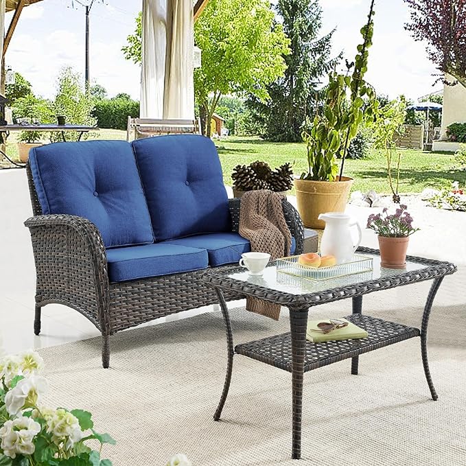 Belord 7 Piece Outdoor Patio Wicker Furniture Sets with Swivel Rocker Chairs, Rattan Loveseat Conversation Sets for Patio Deck Backyard Poolside, Blue Cushion