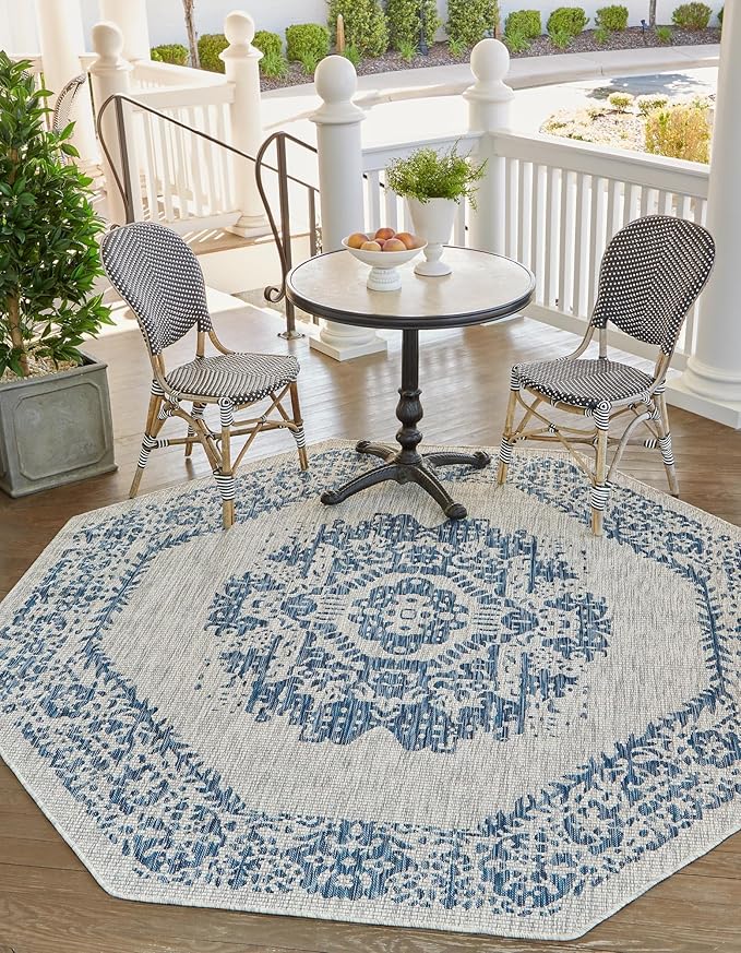 Unique Loom Outdoor Traditional Collection Area Rug - Timeworn (5' 3" Octagon, Blue/ Gray)