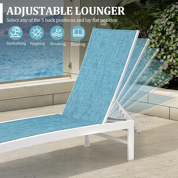 Patio Aluminum Chaise Lounge Chair, Set of 2 Outdoor Recliner Lounge Chair Sun Loungers, All Weather Chaise with 5 Adjustable Backrest and Lay Flat Positions for Garden, Balcony, Pool