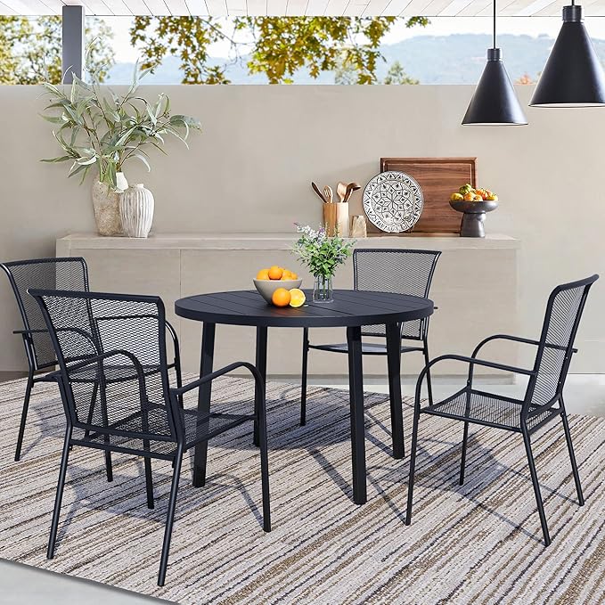 5 Piece Outdoor Dining Set, Patio Dining Set for 4, 42" Black Round Table with 4 All Weather Mesh Outdoor Dining Chairs for Lawn, Garden, Porch