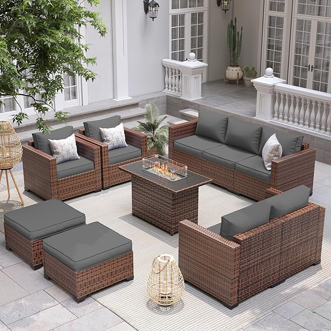 UDPATIO Patio Furniture Set with Fire Pit Table, 7 Pieces Outdoor Furniture Sets, Wicker Rattan Patio Conversation Sets with Ottoman and Waterproof Covers for Porch Deck Backyard, Grey