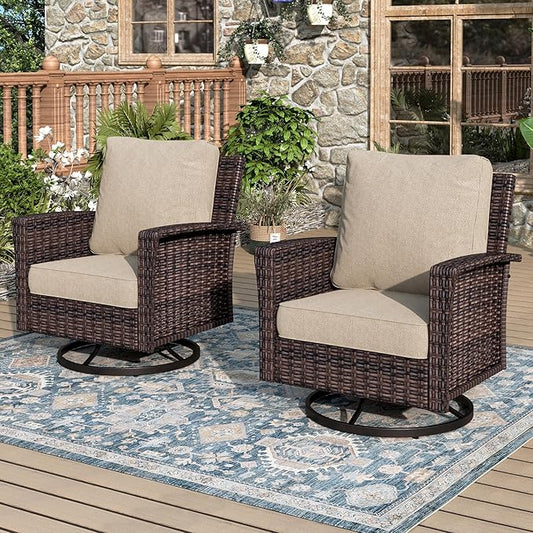 Swivel Patio Wicker Chairs Set of 2, High Back Outdoor Swivel Patio Rattan Chairs with 5.5" Thick Cushions for Bistro Balcony Porch Deck and Yard, Beige
