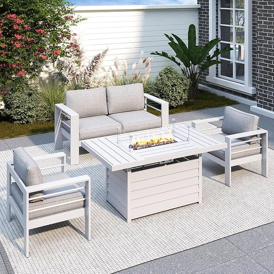 Solaste Aluminum Patio Furniture Set with Fire Pit Table, 4 Piece Metal Outdoor Furniture with Water-Resistant Cushions, Modern Patio Conversation Set for Balcony, Front Porch, and Backyard, White