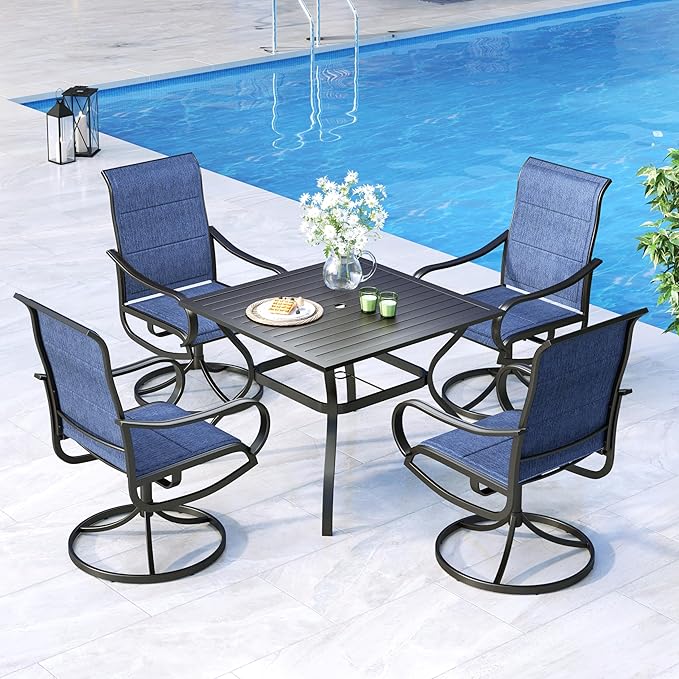 MFSTUDIO Patio Table and Chairs Set of 4, Outdoor Dining Set for Deck/Backyard/Poolside/Garden, 5 Piece Patio Furniture Set with Umbrella Hole