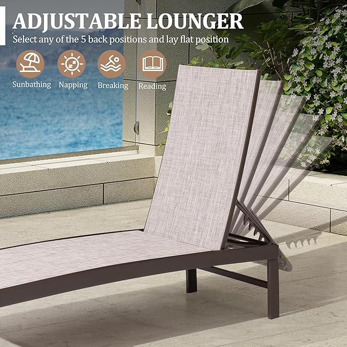 Patio Aluminum Chaise Lounge Chair, Set of 2 Outdoor Recliner Lounge Chair Sun Loungers, All Weather Chaise with 5 Adjustable Backrest and Lay Flat Positions for Garden, Balcony, Pool
