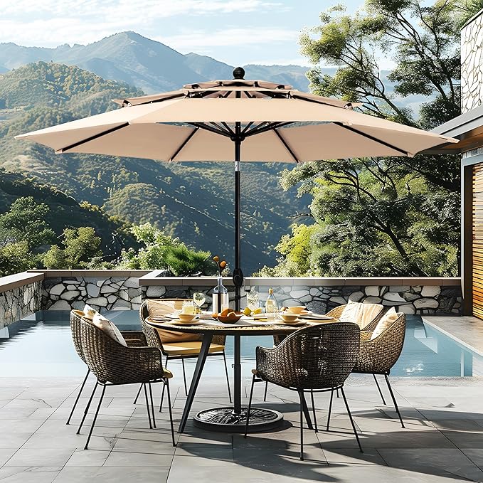 Sophia & William 10ft 3 Tier Auto-tilt Patio Umbrella, Outdoor Double Vented Umbrella with Crank, Beige