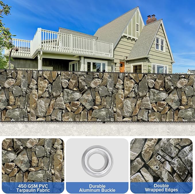 UPGRADE 4'x43'Customized PVC Privacy Fence Screen with Stone Wall Print – Outdoor Waterproof Patio Privacy Cover for Yard, Balcony, Garden Fence Decoration