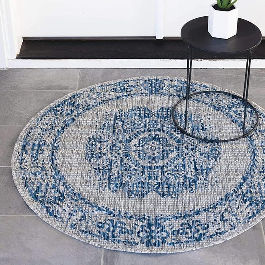 Unique Loom Outdoor Traditional Collection Area Rug - Timeworn (5' 3" Round, Blue/ Gray)