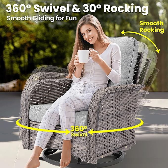 ovios 9 Pieces Patio Furniture Set, Outdoor Wicker Sofa Couch with Rocking Swivel Chairs Fire Pit Table, Modern Deep Seat Rattan Conversation Sets for Porch Deck, Dark Grey