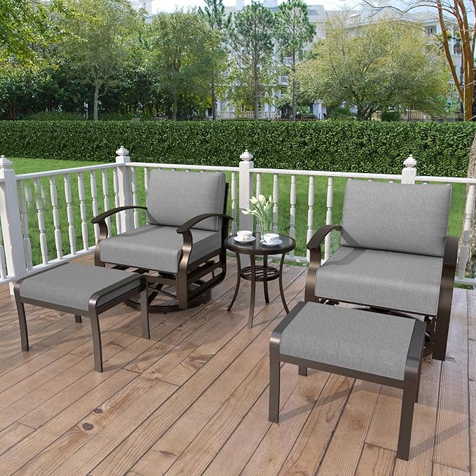 Kurapika 5 Pieces Patio Furniture Set, Outdoor Aluminum Rocking Chair, Patio Bistro Set Swivel Gliders Rocker with Thickened Cushions and Tempered Glass Side Table(Grey)