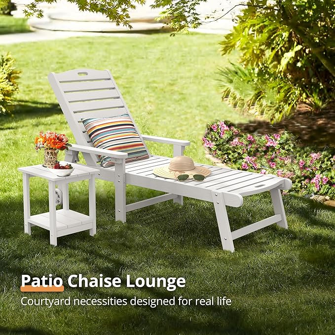 LUE BONA Chaise Lounge Chairs Set with Table, 6-Piece, 79'' Oversized HDPS Chaise Lounger, 5 Positions Adjustable Lounge Chairs, Pool Lounge Chair with Wheels for Poolside, 3 Year Warranty, White