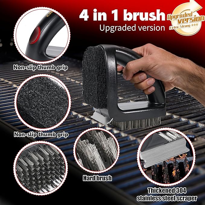 4-in-1 Grill Brush [Bristle-Free Sponge Pad & Wire] Combined BBQ Brush,Ultra Safe & Heavy-Duty Grill Cleaner for Outdoor Grill Grill Brush and Scraper Grill Accessories Gifts for Men/Dad