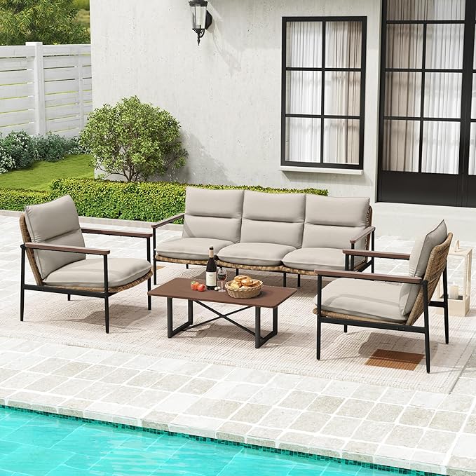 4-Piece Patio Furniture Sets, All Weather Rattan Patio Conversation Set with Aluminum Frame, 3-Seat Sofa, 2 Chairs and Coffee Table, Smooth Wooden Armrest & Olefin Cushion for Yard Deck Porch