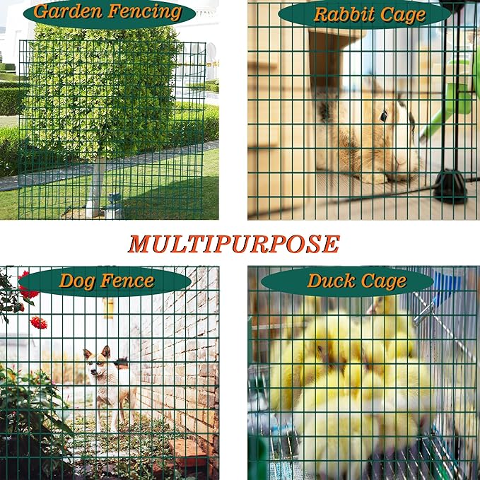Green Metal Garden Fence, 60inch(H) x 100ft(L), 2 inch x 4 inch,12.5GA 2/3/4/5/6 Ft Tall Chicken Wire PVC Coated Welded Wire Mesh Roll for Dogs Border Yard Vegetable Plant Protection Poultry Netting